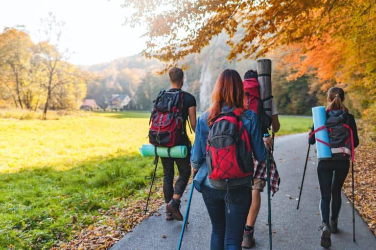 Friends with backpacks walking outdoor together, trekking and tourism